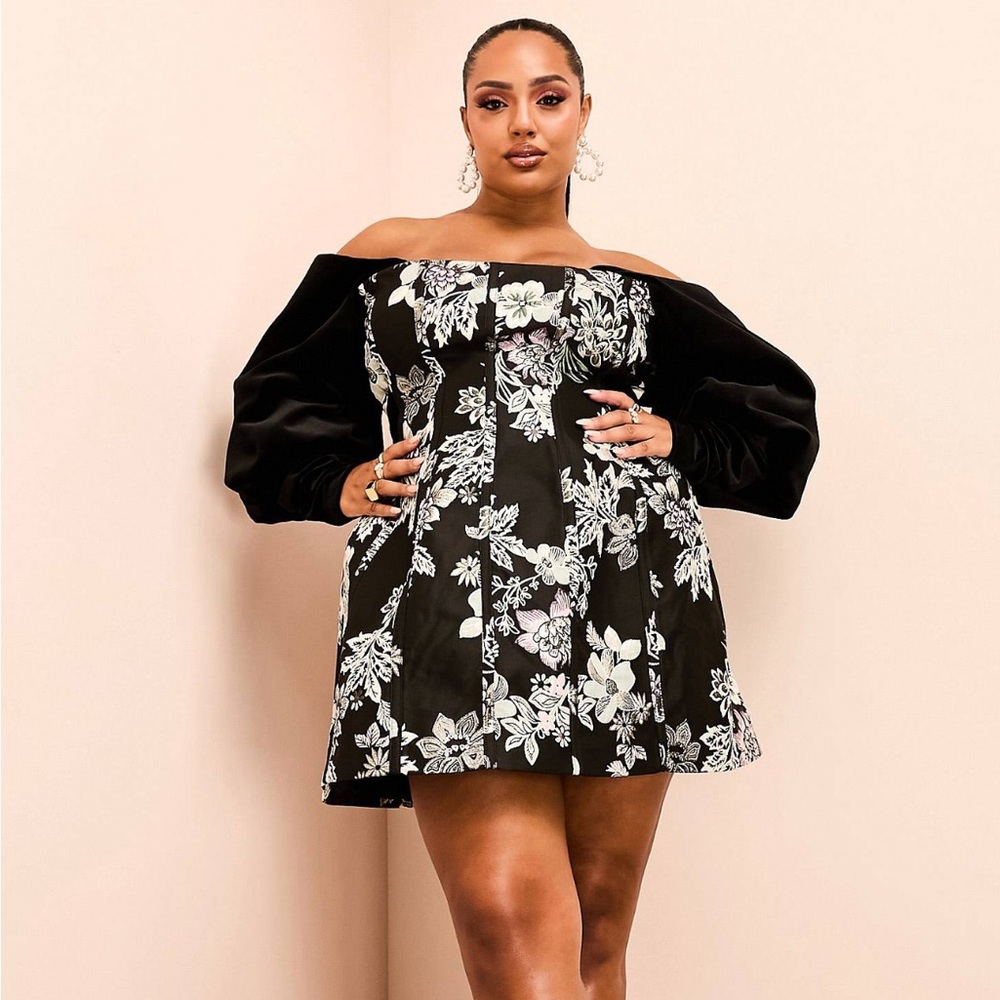ASOS LUXE Curve Off Shoulder Jacquard Mini Dress with Velvet Sleeves